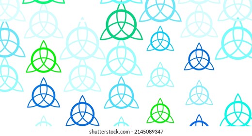 Light Blue, Green vector template with esoteric signs. Colorful mystic symbols with a gradient in ancient style. Simple base for your occult design.