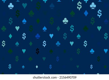 Light blue, green vector template with poker symbols. Colored illustration with hearts, spades, clubs, diamonds. Pattern for booklets, leaflets of gambling houses.