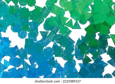 Hellblaue, grüne Vektorvorlage mit Kristallen, Kreisen, Quadraten. Dekoratives Design im abstrakten Stil mit Linien, Punkten, Würfeln. Vorlage für Bildschirmhintergründe.