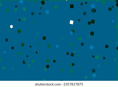 Azul claro, plantilla vectorial verde con cristales, círculos, cuadrados. Ilustración con un conjunto de círculos coloridos, triángulos, cuadrados. Diseño inteligente para su anuncio comercial.