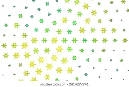 Hellblau, grüne Vektorvorlage mit Eisschneeflocken, Sternen. Farbige Schneeflocken mit Farbverlauf-Schneeflocken. Design für Neujahrswerbung, Broschüren.
