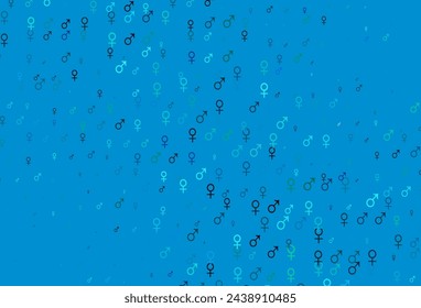 Plantilla de vector azul claro, verde con símbolos de hombre, mujer. Ilustración inteligente en estilo de degradado colorido con signos de género. Plantilla para revistas de moda.