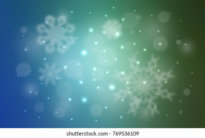 Light Blue, Green vector template with ice snowflakes. Blurred decorative design in xmas style with snow. New year design for your business advert.