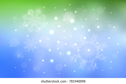 Light Blue, Green vector template with ice snowflakes. Blurred decorative design in xmas style with snow. New year design for your ad, poster, banner.