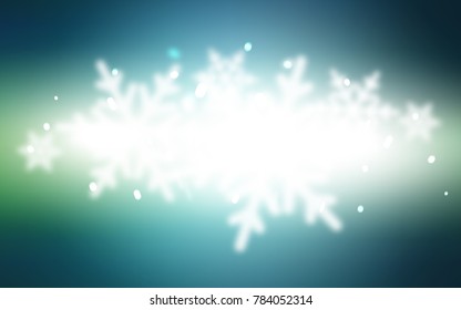 Light Blue, Green vector template with ice snowflakes. Snow on blurred abstract background with gradient. The pattern can be used for new year leaflets.