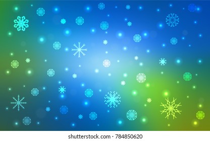 Light Blue, Green vector template with ice snowflakes. Blurred decorative design in xmas style with snow. The pattern can be used for new year ad, booklets.