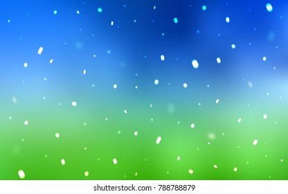 Light Blue, Green vector template with ice snowflakes. Blurred decorative design in xmas style with snow. The template can be used as a new year background.