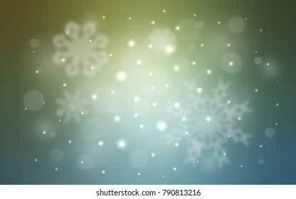 Light Blue, Green vector template with ice snowflakes. Snow on blurred abstract background with gradient. The template can be used as a new year background.