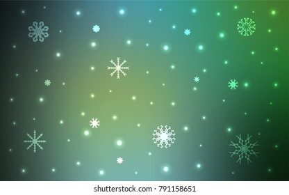 Light Blue, Green vector template with ice snowflakes. Blurred decorative design in xmas style with snow. New year design for your ad, poster, banner.