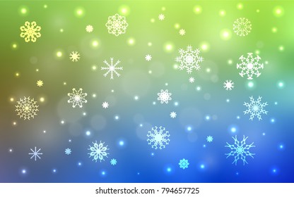 Light Blue, Green vector template with ice snowflakes. Snow on blurred abstract background with gradient. The pattern can be used for year new  websites.