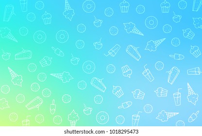 Light Blue, Green vector texture with sweets, candies. Blurred decorative design of desserts in doodle style. Doodle design for your business advert of cafes.