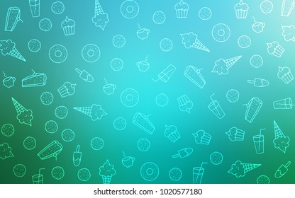 Light Blue, Green vector texture with sweets, candies. Glitter abstract sketch with sweets, candies, desserts. Pattern for menu of cafes and restaurants.