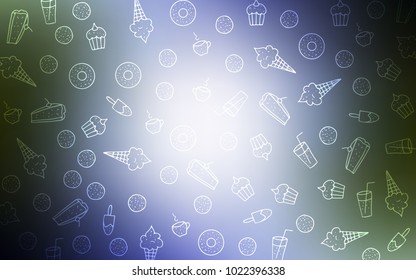 Light Blue, Green vector texture with sweets, candies. Illustration with set of sweet food in doodle style. Pattern for ads of breakfast, lunch, dinner.