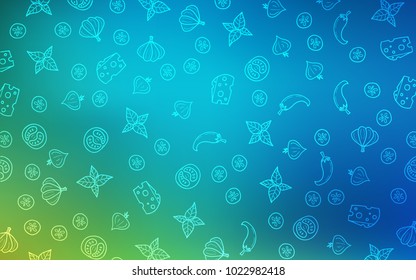 Light Blue, Green vector texture with delicious snacks. Blurred decorative design of snacks in doodle style. Template for meal cooking in kitchen.