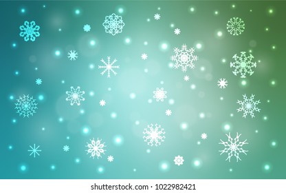Light Blue, Green vector texture with colored snowflakes. Decorative shining illustration with snow on abstract template. The pattern can be used for new year ad, booklets.