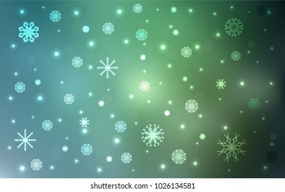 Light Blue, Green vector texture with colored snowflakes. Shining colored illustration with snow in christmas style. New year design for your business advert.