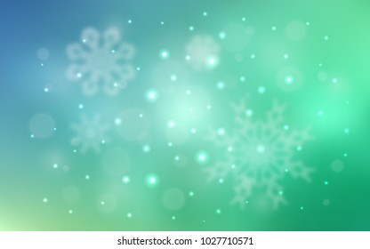 Light Blue, Green vector texture with colored snowflakes. Blurred decorative design in xmas style with snow. The pattern can be used for new year leaflets.