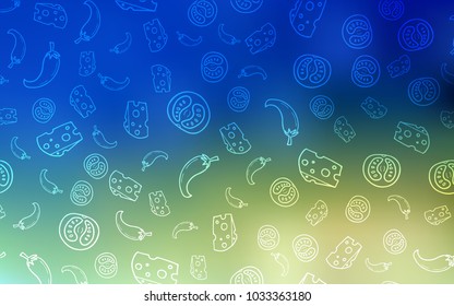 Light Blue, Green vector texture with delicious snacks. Fast Food on blurred abstract background with colorful gradient. Pattern for ads of breakfast, lunch, dinner.