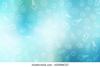 Light Blue, Green vector texture with sweets, candies. Blurred decorative design of desserts in doodle style. Pattern for ads of breakfast, lunch, dinner.