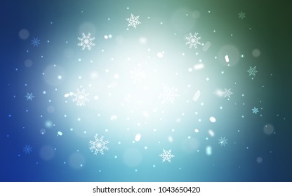 Light Blue, Green vector texture with colored snowflakes. Shining colored illustration with snow in christmas style. New year design for your business advert.