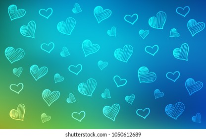 Light Blue, Green vector texture with lovely hearts. Glitter abstract illustration with colorful hearts in romantic style. Template for Valentine's greeting postcards.