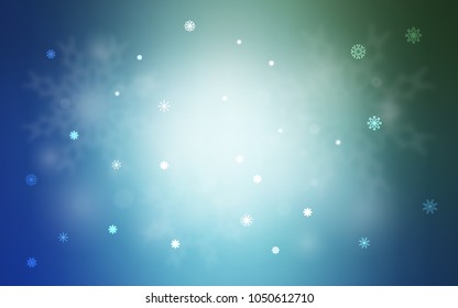Light Blue, Green vector texture with colored snowflakes. Decorative shining illustration with snow on abstract template. New year design for your ad, poster, banner.