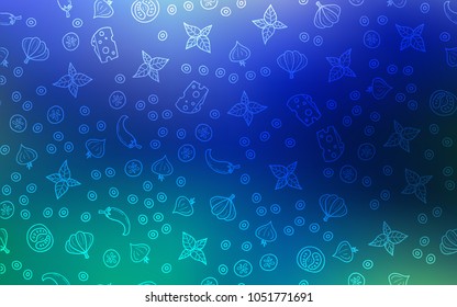 Light Blue, Green vector texture with delicious snacks. Glitter abstract sketch with gourmet food. Doodle design for your business advert of cafes.