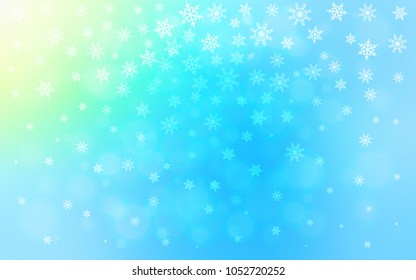 Light Blue, Green vector texture with colored snowflakes. Snow on blurred abstract background with gradient. The pattern can be used for new year ad, booklets.