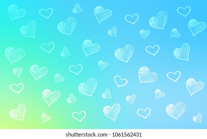 Light Blue, Green vector texture with lovely hearts. Hearts on blurred abstract background with colorful gradient. Template for Valentine's greeting postcards.