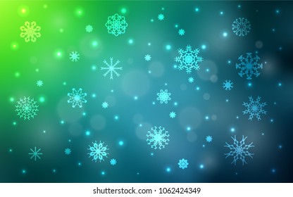 Light Blue, Green vector texture with colored snowflakes. Snow on blurred abstract background with gradient. The template can be used as a new year background.