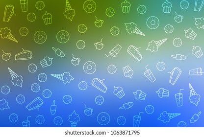 Light Blue, Green vector texture with sweets, candies. Glitter abstract sketch with sweets, candies, desserts. Design for ad, poster, banner of cafes or restaurants.