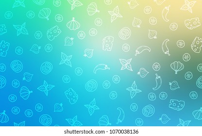 Light Blue, Green vector texture with delicious snacks. Fast Food on blurred abstract background with colorful gradient. Doodle design for your business advert of cafes.