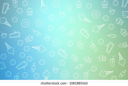 Light Blue, Green vector texture with sweets, candies. Glitter abstract sketch with sweets, candies, desserts. Doodle design for your business advert of cafes.