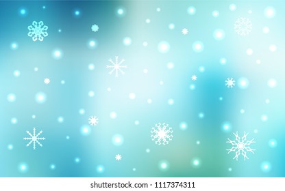 Light Blue, Green vector texture with colored snowflakes. Snow on blurred abstract background with gradient. New year design for your ad, poster, banner.