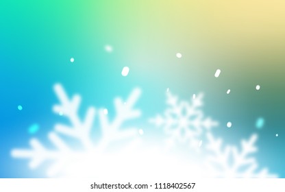 Light Blue, Green vector texture with colored snowflakes. Shining colored illustration with snow in christmas style. The pattern can be used for new year leaflets.