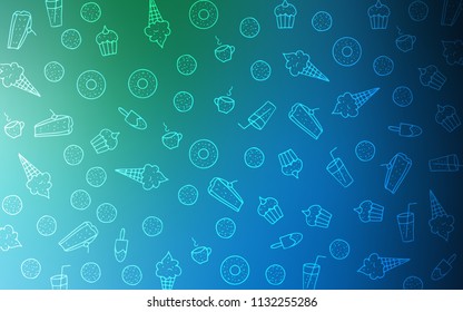 Light Blue, Green vector texture with sweets, candies. Blurred decorative design of desserts in doodle style. Design for ad, poster, banner of cafes or restaurants.