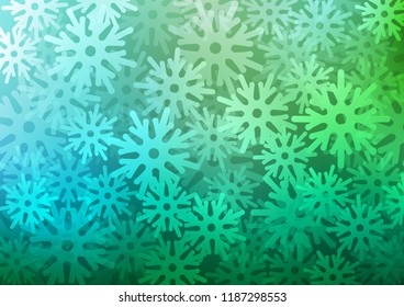 Light Blue, Green vector texture with colored snowflakes. Snow on blurred abstract background with gradient. New year design for your business advert.