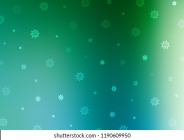 Light Blue, Green vector texture with colored snowflakes. Blurred decorative design in xmas style with snow. New year design for your ad, poster, banner.
