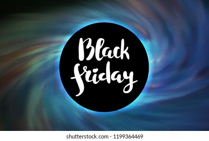 Light Blue, Green vector texture with a black hole, galaxy. Abstract illustration with glitter colorful cosmic stars. Backdrop for Black Friday promotions.