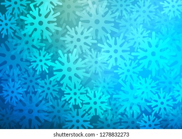 Light Blue, Green vector texture with colored snowflakes. Blurred decorative design in xmas style with snow. New year design for your ad, poster, banner.