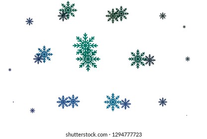 Light Blue, Green vector texture with colored snowflakes. Snow on blurred abstract background with gradient. New year design for your ad, poster, banner.