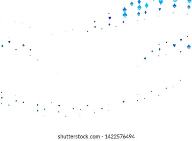 Light Blue, Green vector texture with playing cards. Colorful gradient with signs of hearts, spades, clubs, diamonds. Pattern for leaflets of poker games, events.