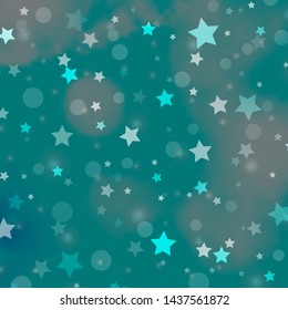 Light Blue, Green vector texture with circles, stars. Glitter abstract illustration with colorful drops, stars. Texture for window blinds, curtains.
