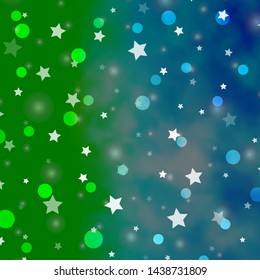 Light Blue, Green vector texture with circles, stars. Colorful illustration with gradient dots, stars. Pattern for design of fabric, wallpapers.