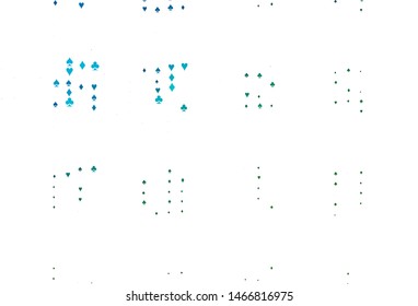 Light Blue, Green vector texture with playing cards. Illustration with set of hearts, spades, clubs, diamonds. Smart design for your business advert of casinos.