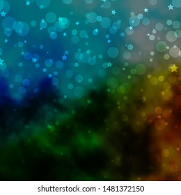 Light Blue, Green vector texture with circles, stars. Abstract illustration with colorful shapes of circles, stars. Pattern for design of fabric, wallpapers.