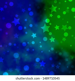 Light Blue, Green vector texture with circles, stars. Abstract design in gradient style with bubbles, stars. Pattern for design of fabric, wallpapers.