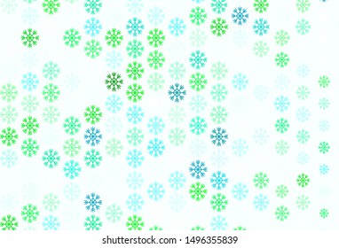 Light Blue, Green vector texture with colored snowflakes. Shining colorful illustration with snow in christmas style. Pattern for new year ad, booklets.