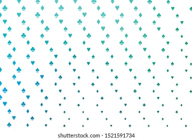 Light Blue, Green vector texture with playing cards. Blurred decorative design of hearts, spades, clubs, diamonds. Design for ad, poster, banner of gambling websites.