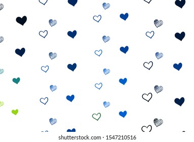 Light Blue, Green vector texture with lovely hearts. Beautiful colored illustration with hearts in celebration style. Pattern for valentine's ad, booklets.